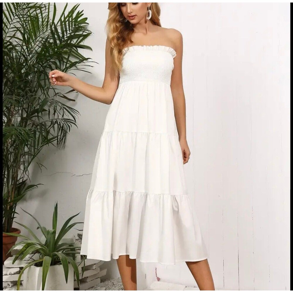 Allie Rose Shirred white tie back ruffle dress